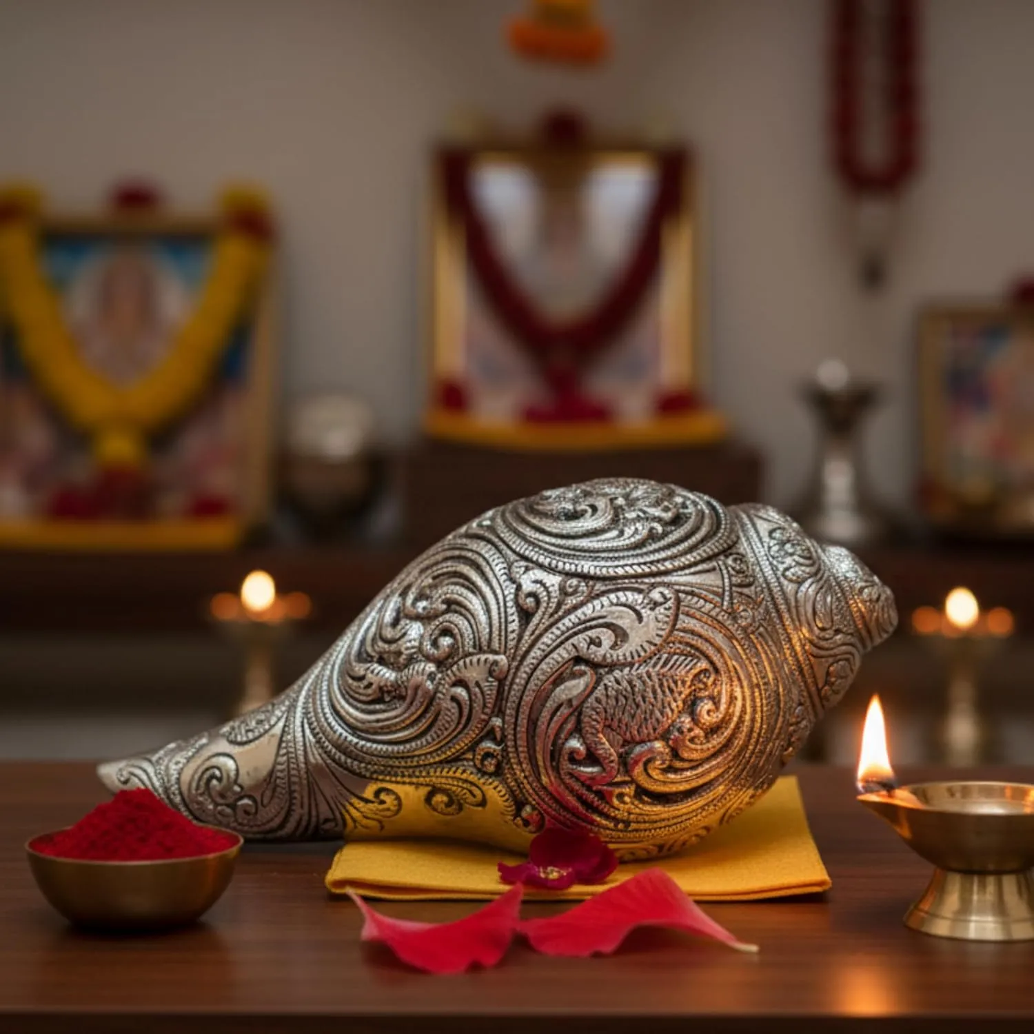 Vishnu Lakshmi Shankh Silver-Plated | Large (7") - Image 4