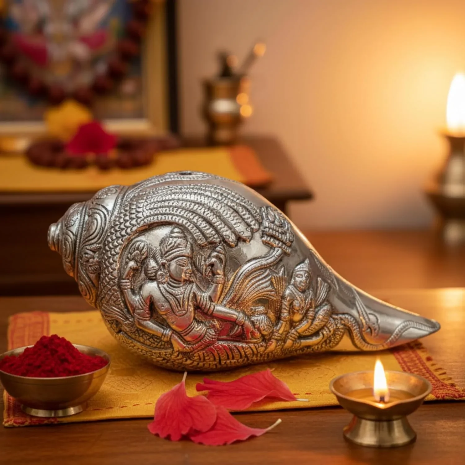 Vishnu Lakshmi Shankh Silver-Plated | Large (7") - Image 6
