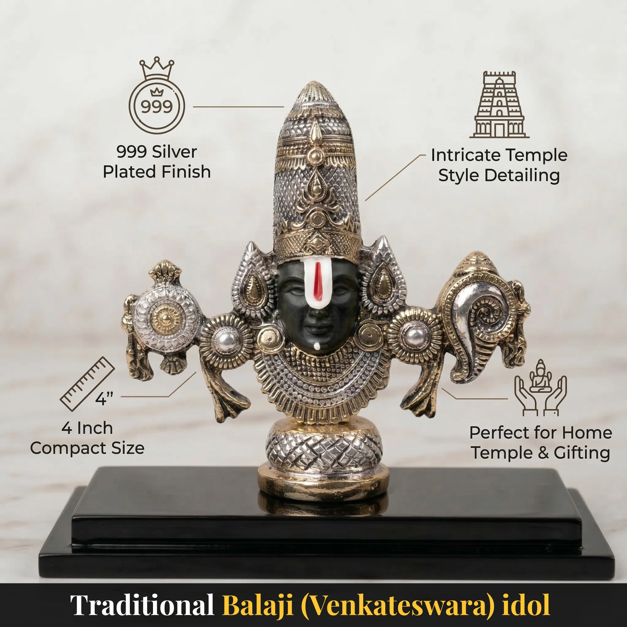 Lord Venkateswara Balaji Antique Silver & Gold Plated Idol - Image 6