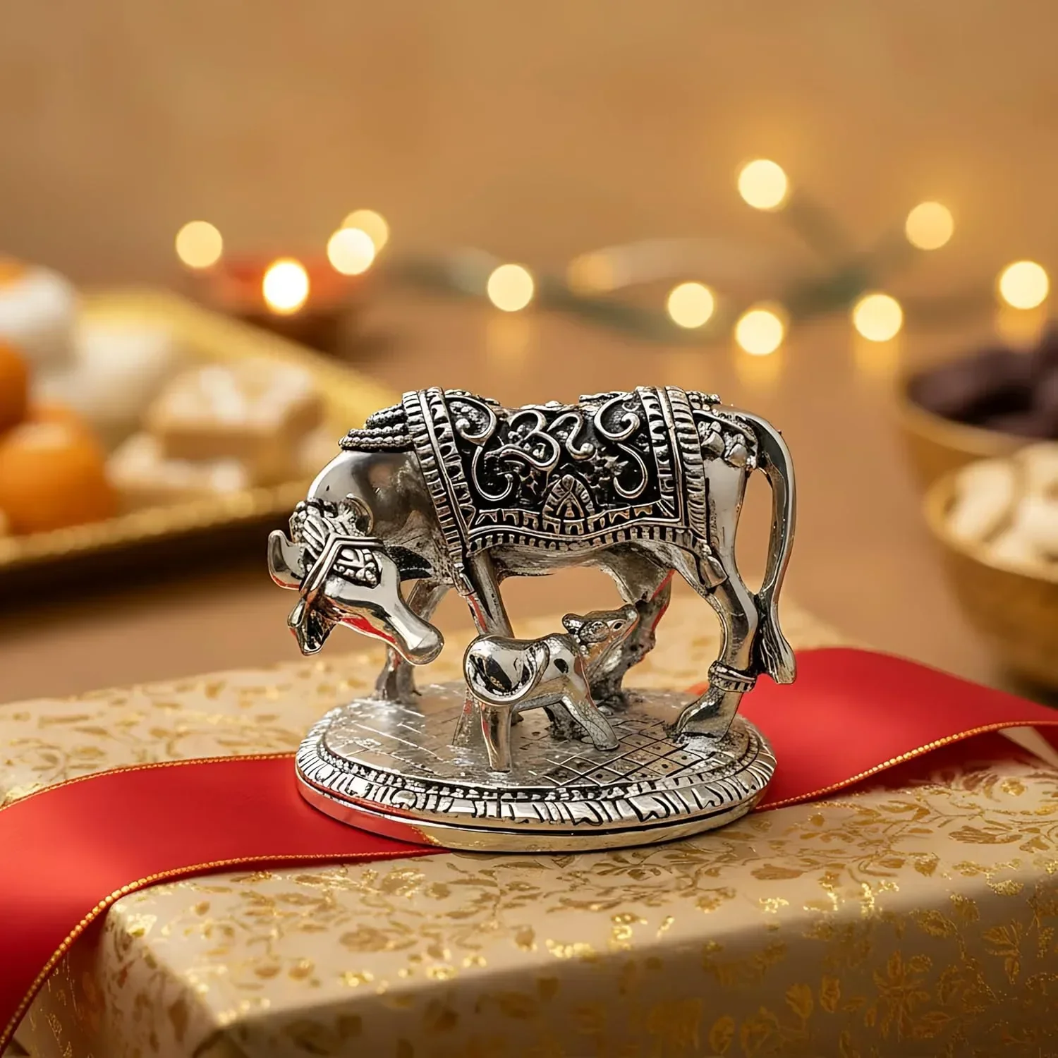 Kamdhenu Cow with Calf Silver-Plated Idol (2") - Image 10