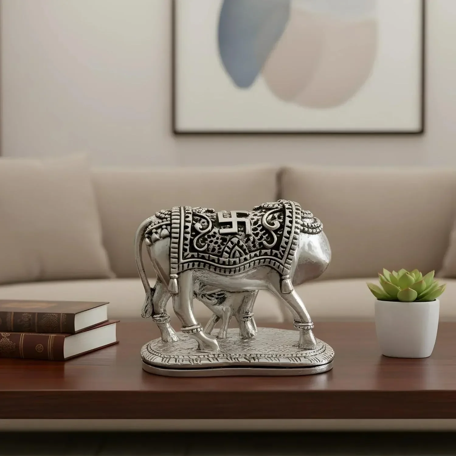 Kamdhenu Cow with Calf Silver-Plated Idol (2") - Image 4