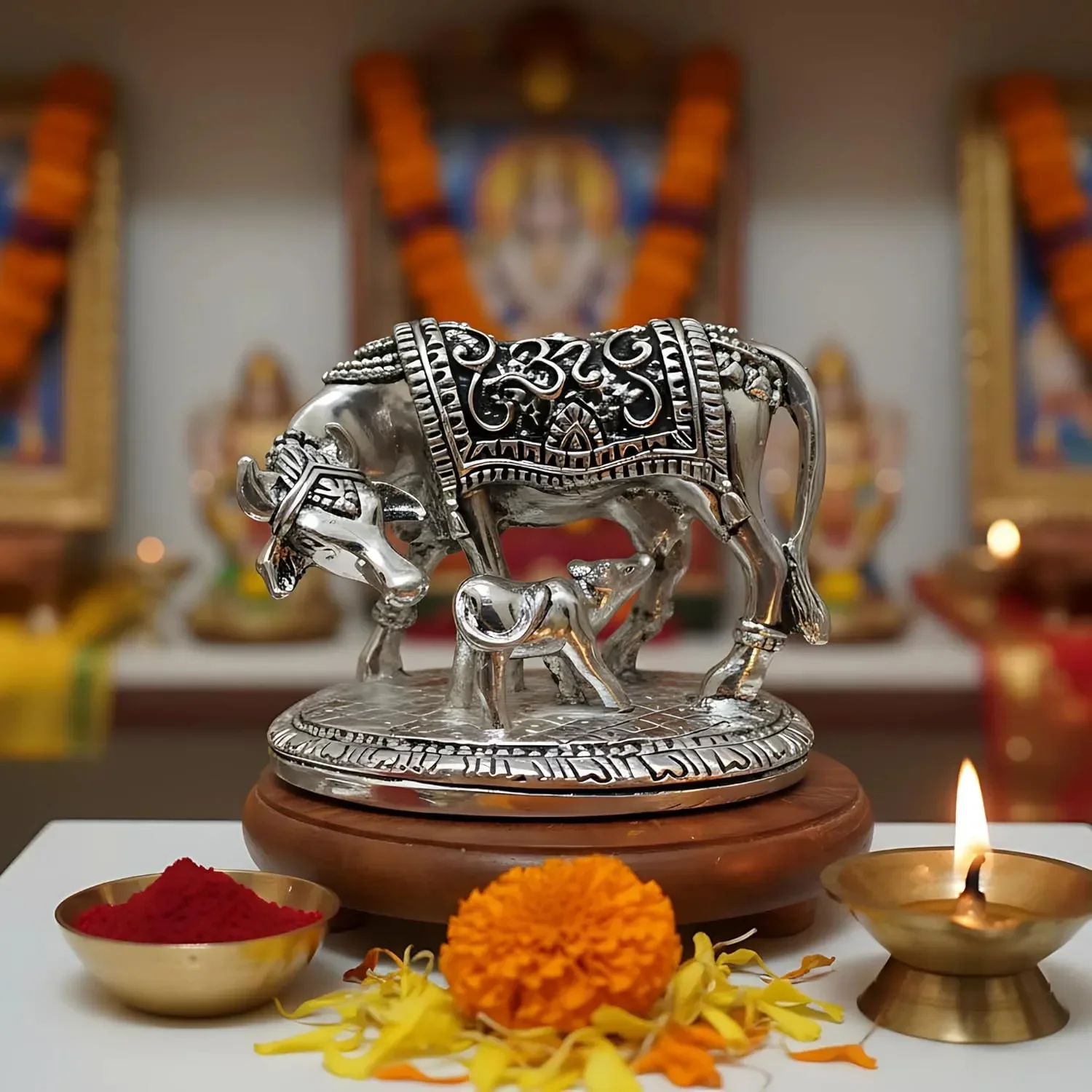 Kamdhenu Cow with Calf Silver-Plated Idol (2") - Image 5