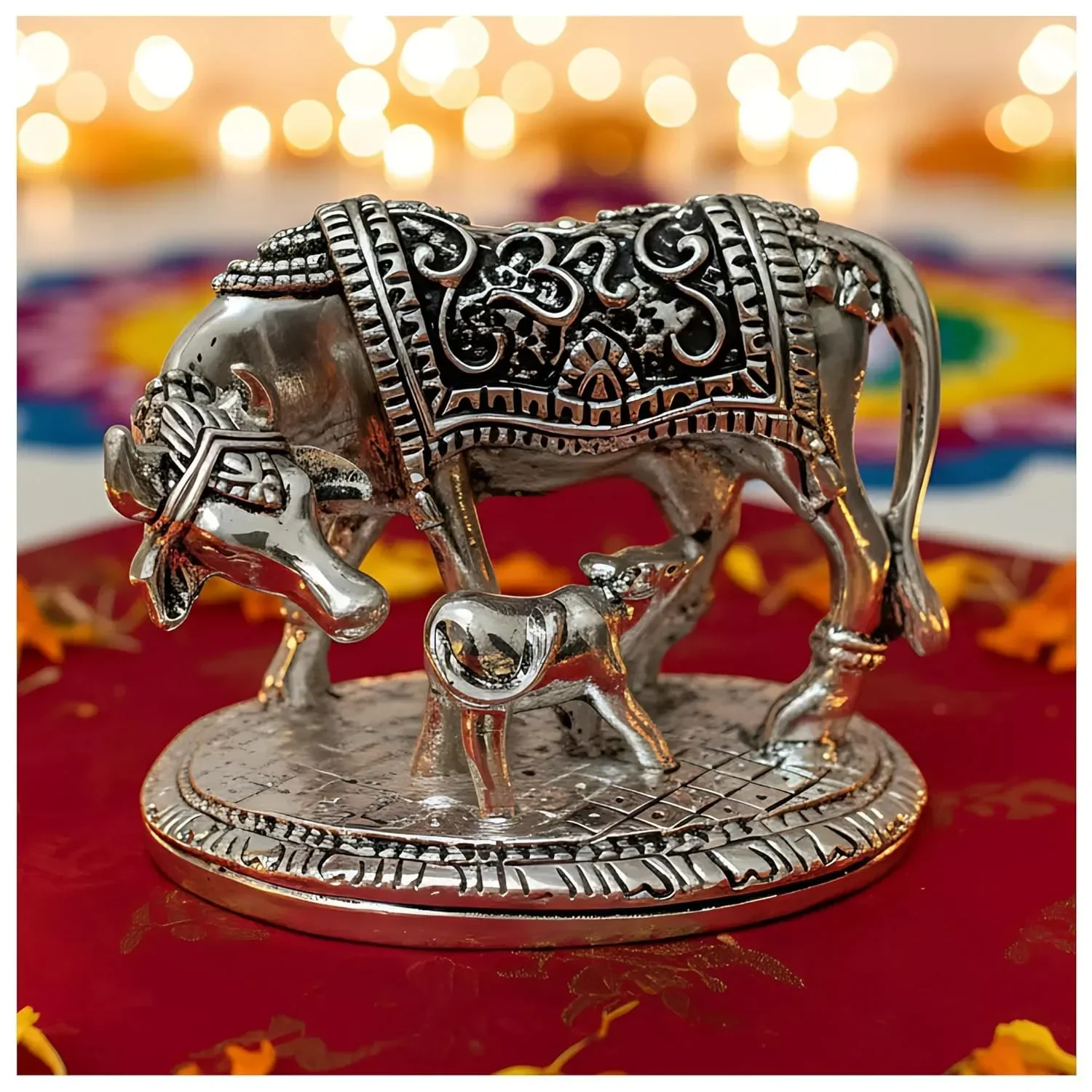 Kamdhenu Cow with Calf Silver-Plated Idol (2") - Image 8
