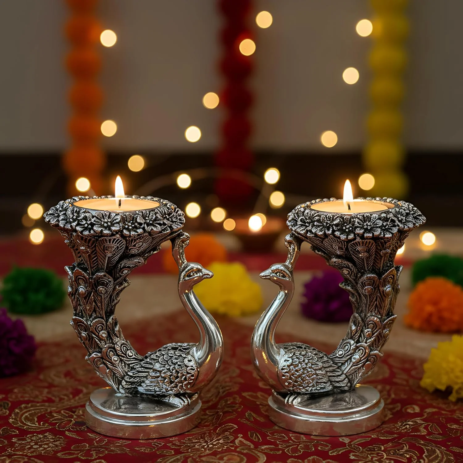 Peacock Candle Set Silver-Plated | Pack of 2 (5" each) - Image 3