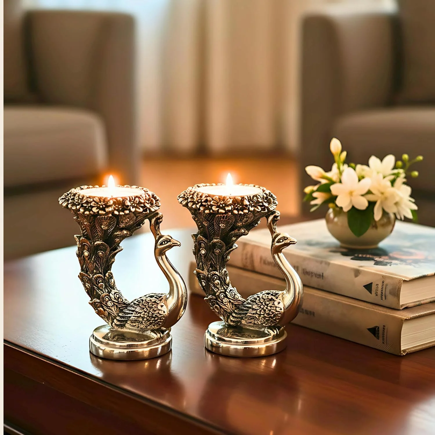 Peacock Candle Set Silver-Plated | Pack of 2 (5" each) - Image 5