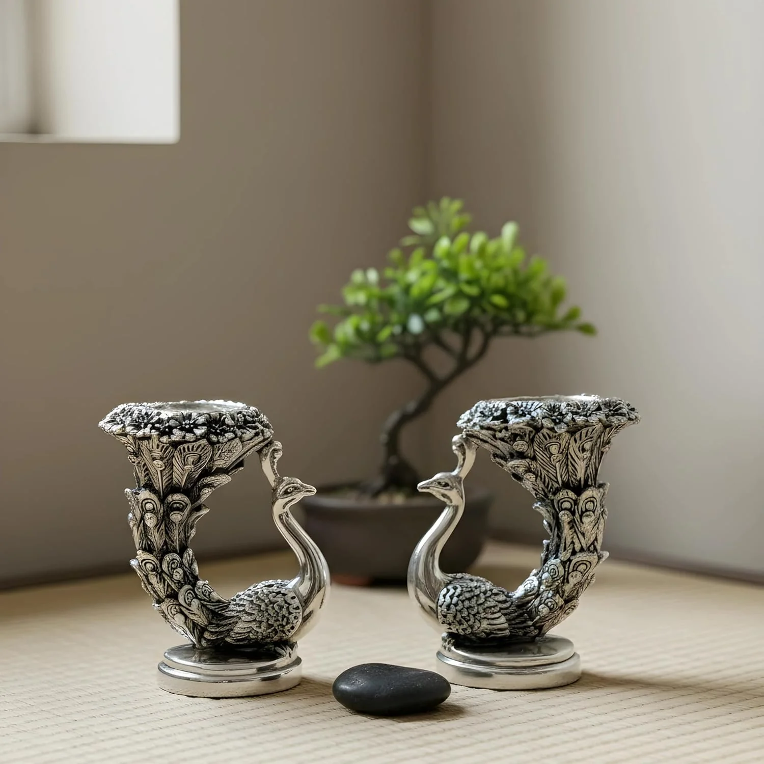 Peacock Candle Set Silver-Plated | Pack of 2 (5" each) - Image 6