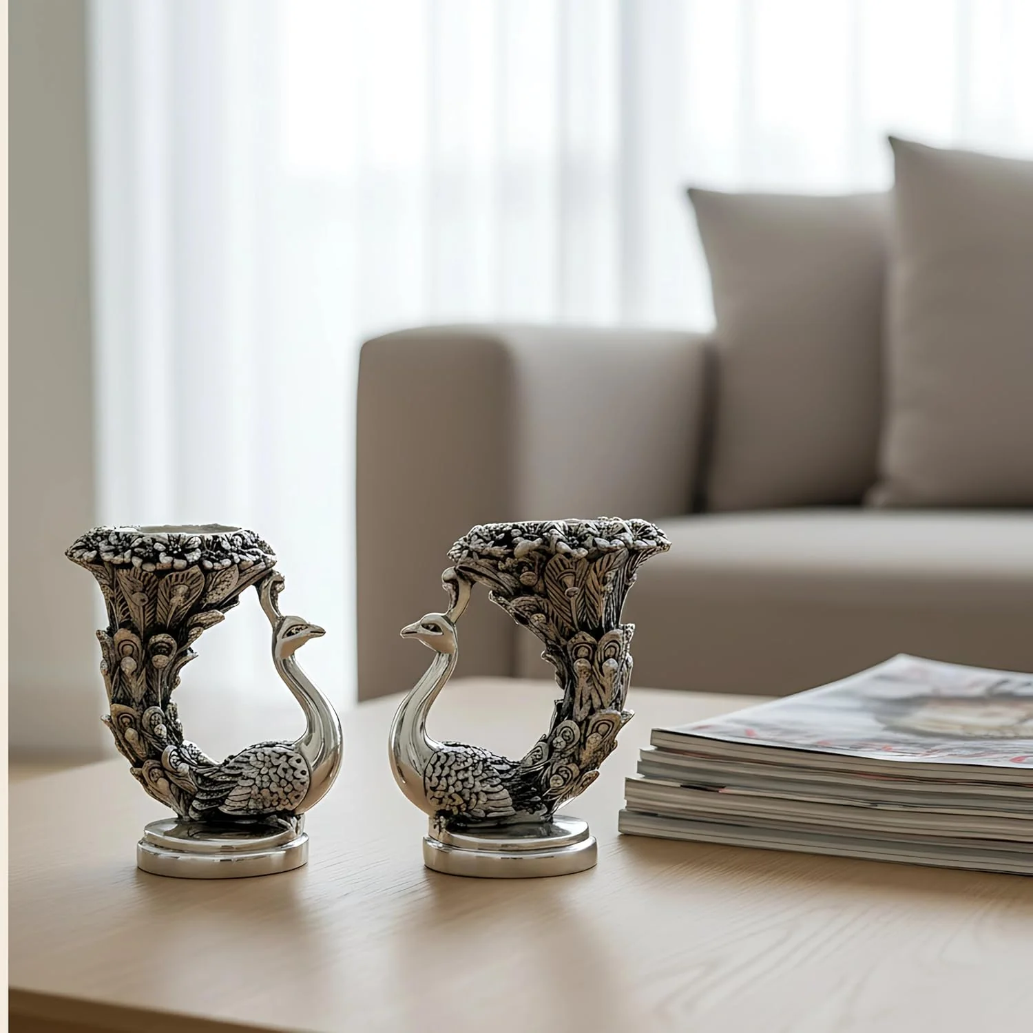Peacock Candle Set Silver-Plated | Pack of 2 (5" each) - Image 7