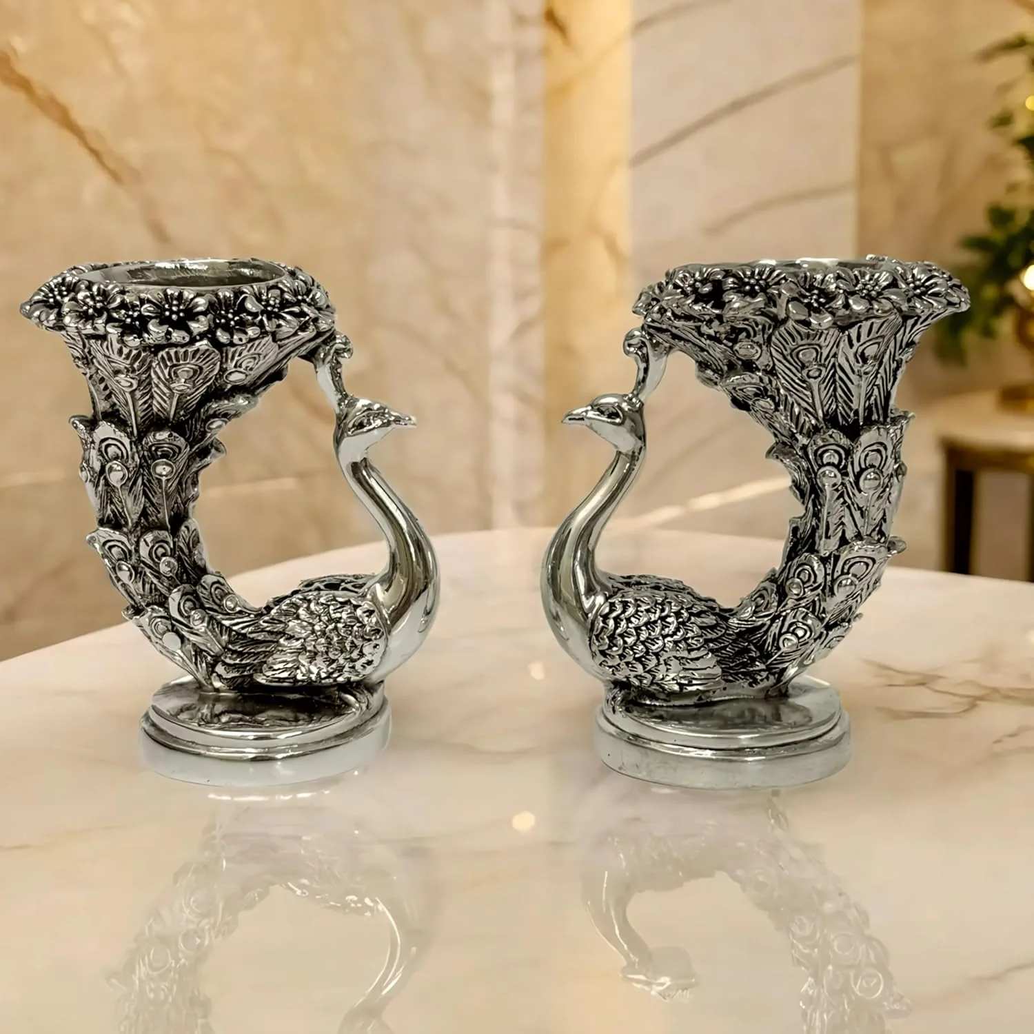 Peacock Candle Set Silver-Plated | Pack of 2 (5" each) - Image 9