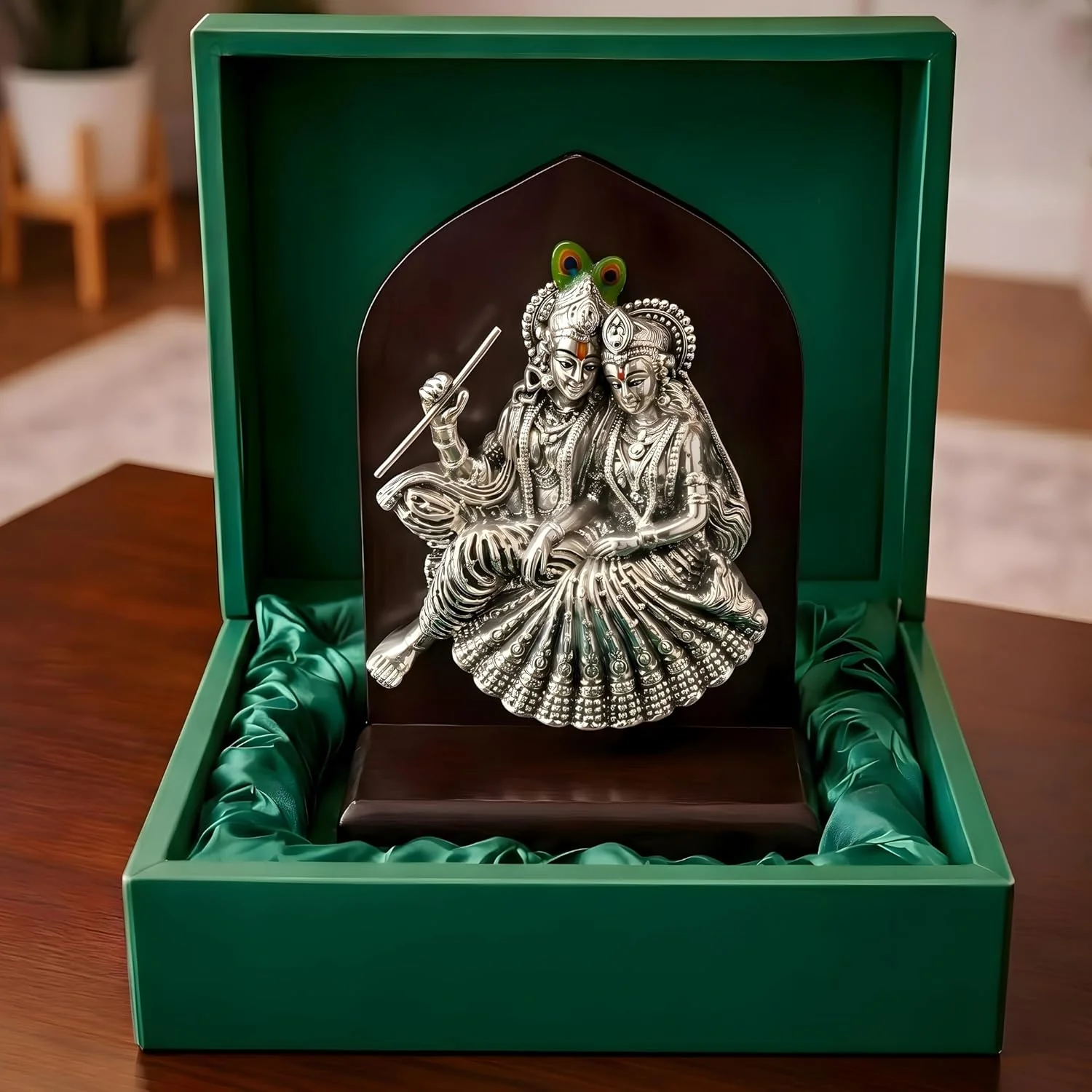 Silver Plated Radha Krishna Idol with Wooden Base – 6 Inch