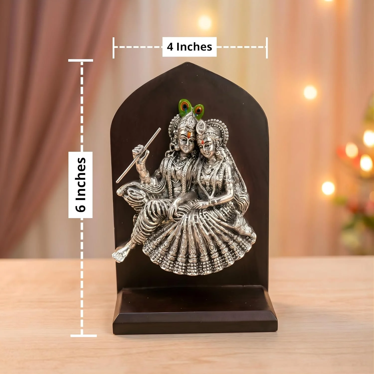 Silver Plated Radha Krishna Idol with Wooden Base – 6 Inch - Image 2