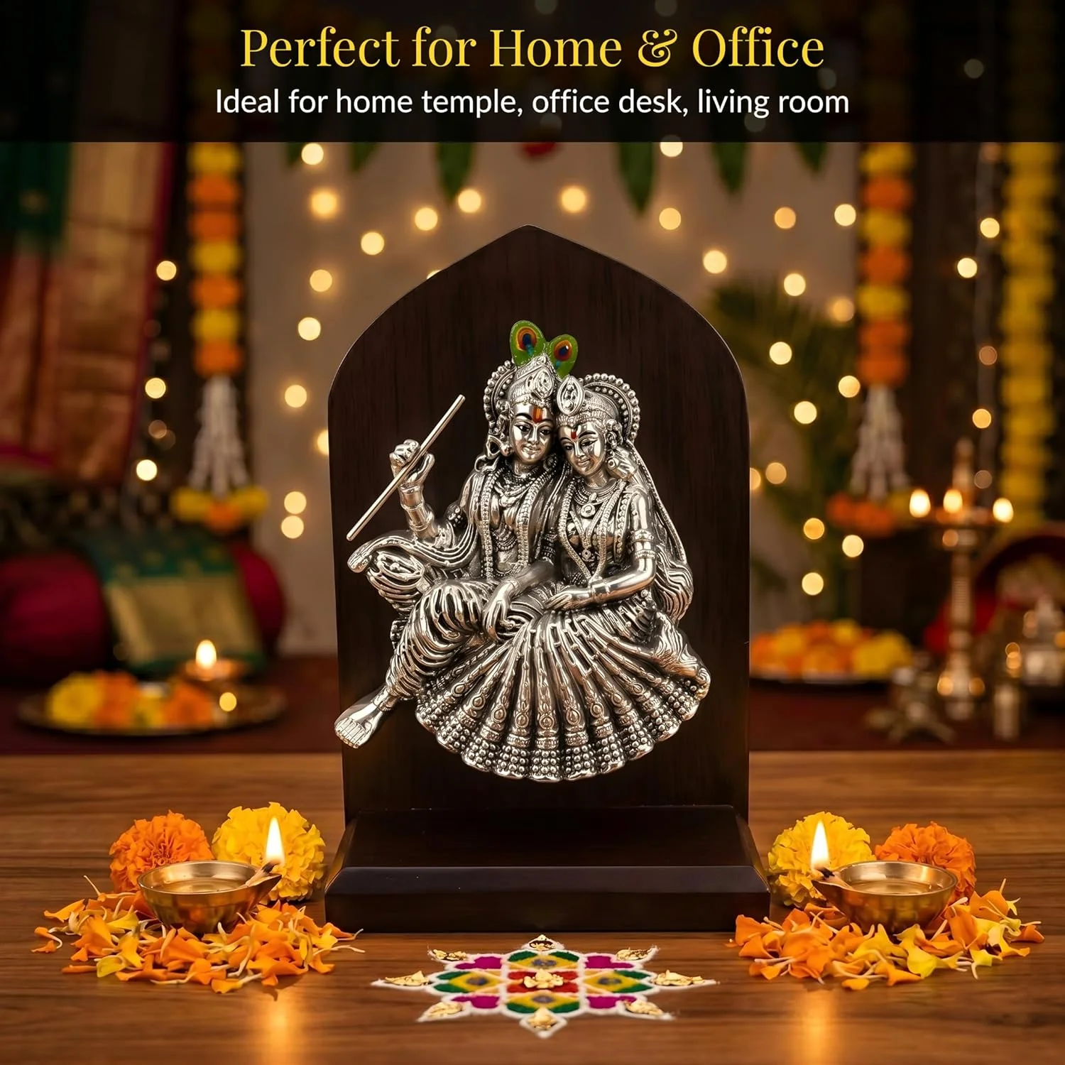 Silver Plated Radha Krishna Idol with Wooden Base – 6 Inch - Image 3