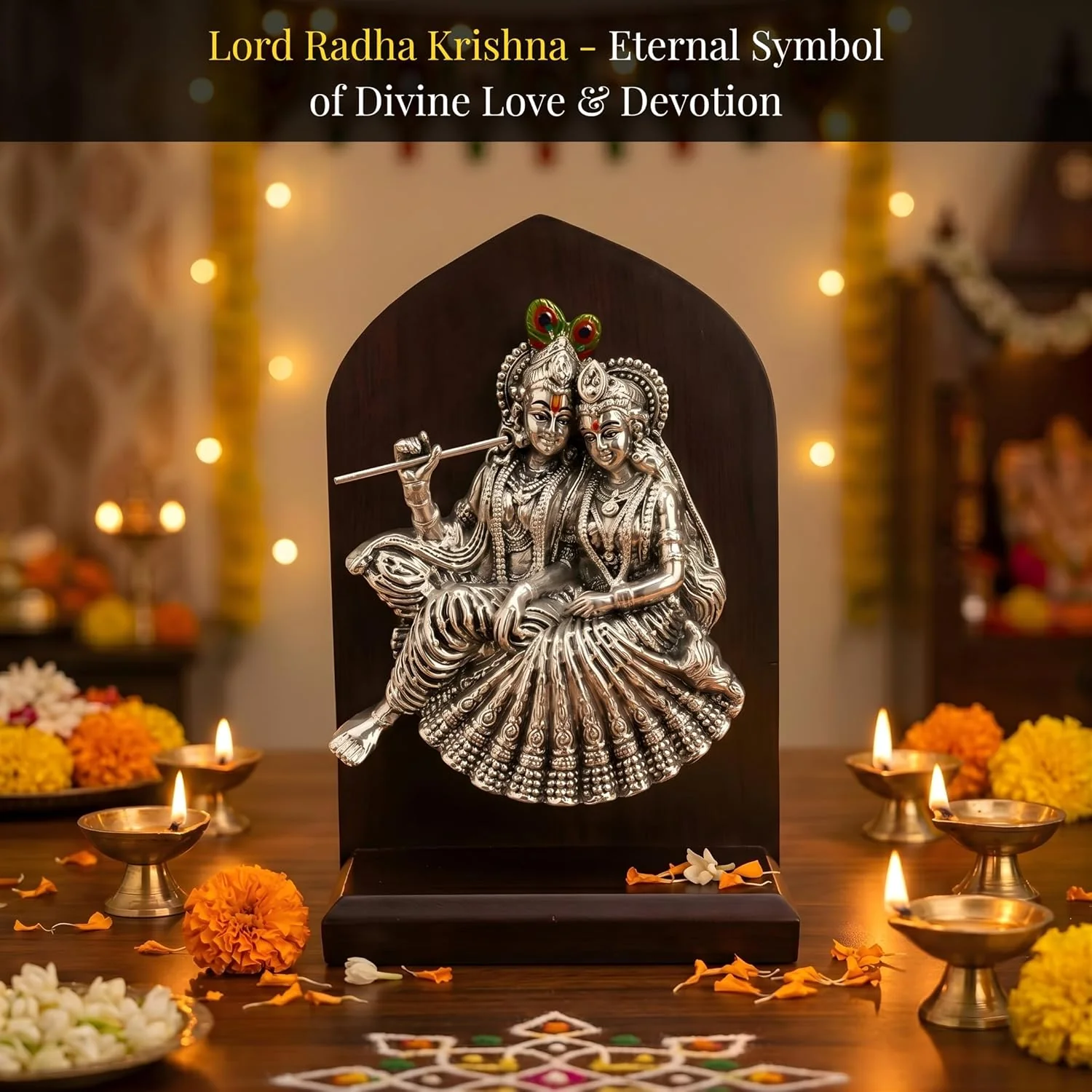 Silver Plated Radha Krishna Idol with Wooden Base – 6 Inch - Image 4