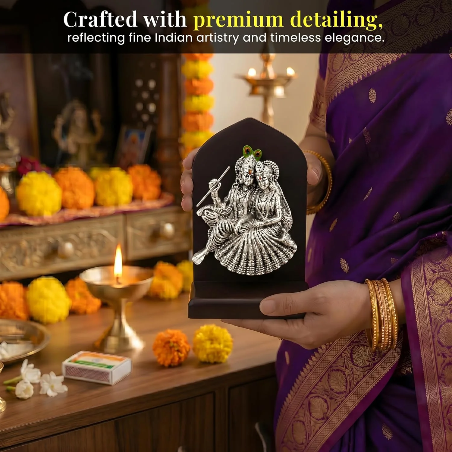 Silver Plated Radha Krishna Idol with Wooden Base – 6 Inch - Image 5
