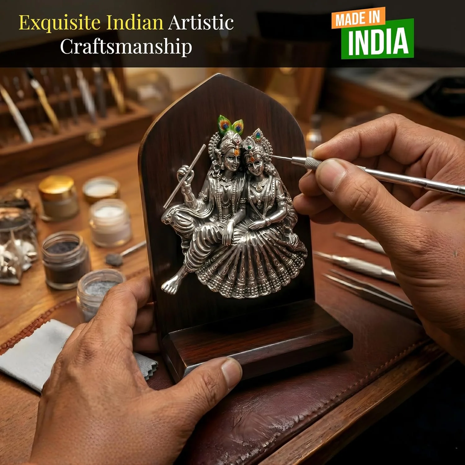 Silver Plated Radha Krishna Idol with Wooden Base – 6 Inch - Image 6