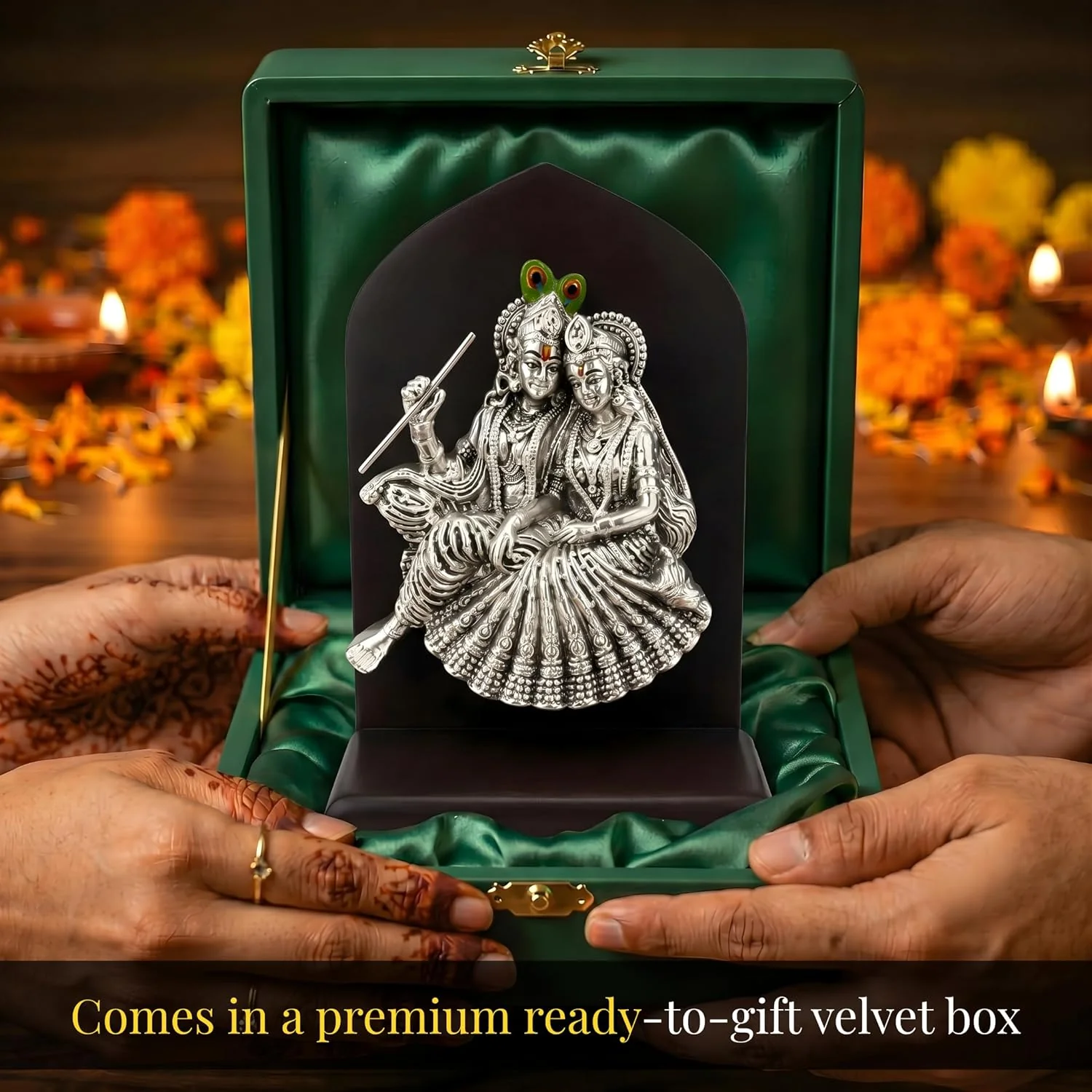 Silver Plated Radha Krishna Idol with Wooden Base – 6 Inch - Image 8