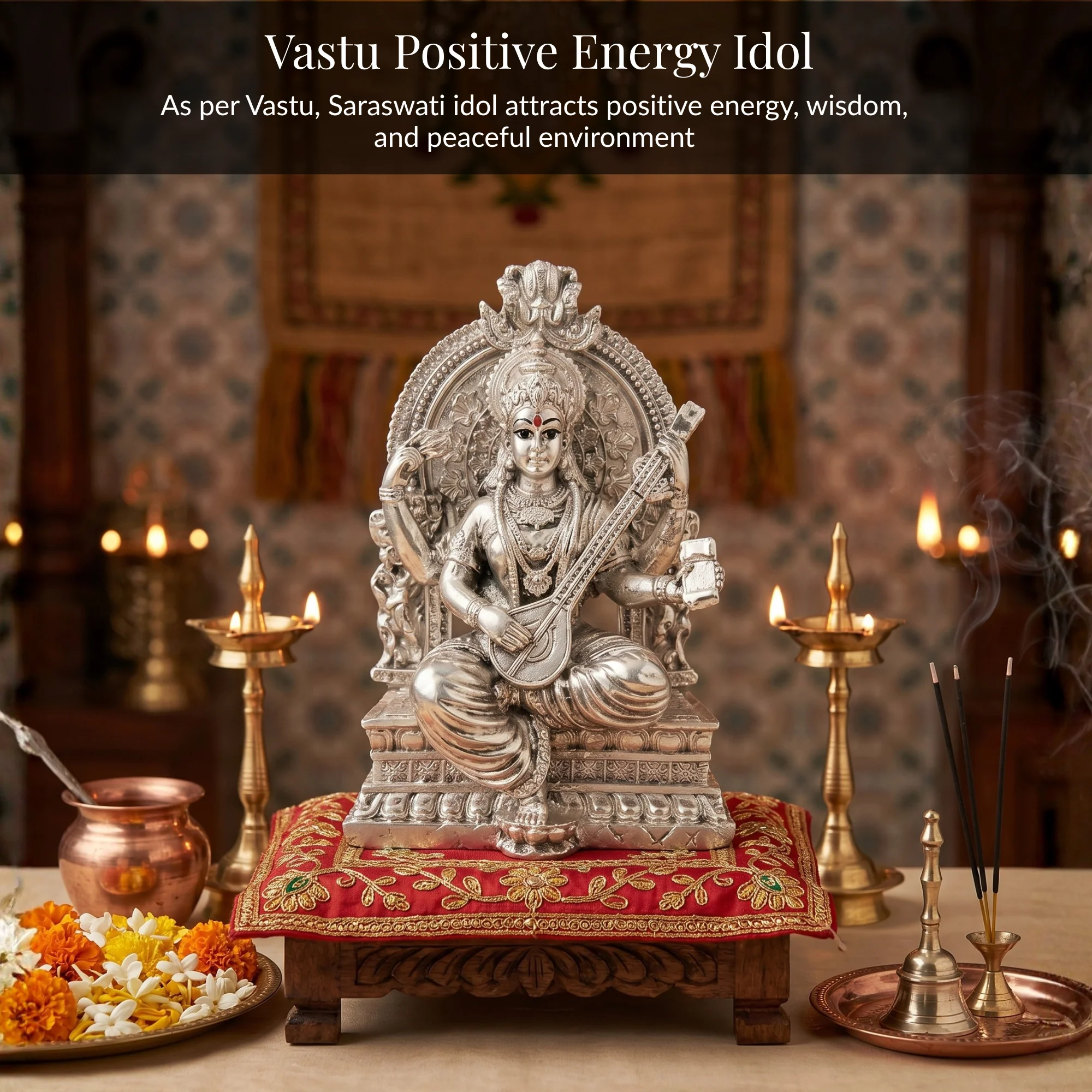 Silver-Plated Saraswati Idol | 3.7 inch - Image 3