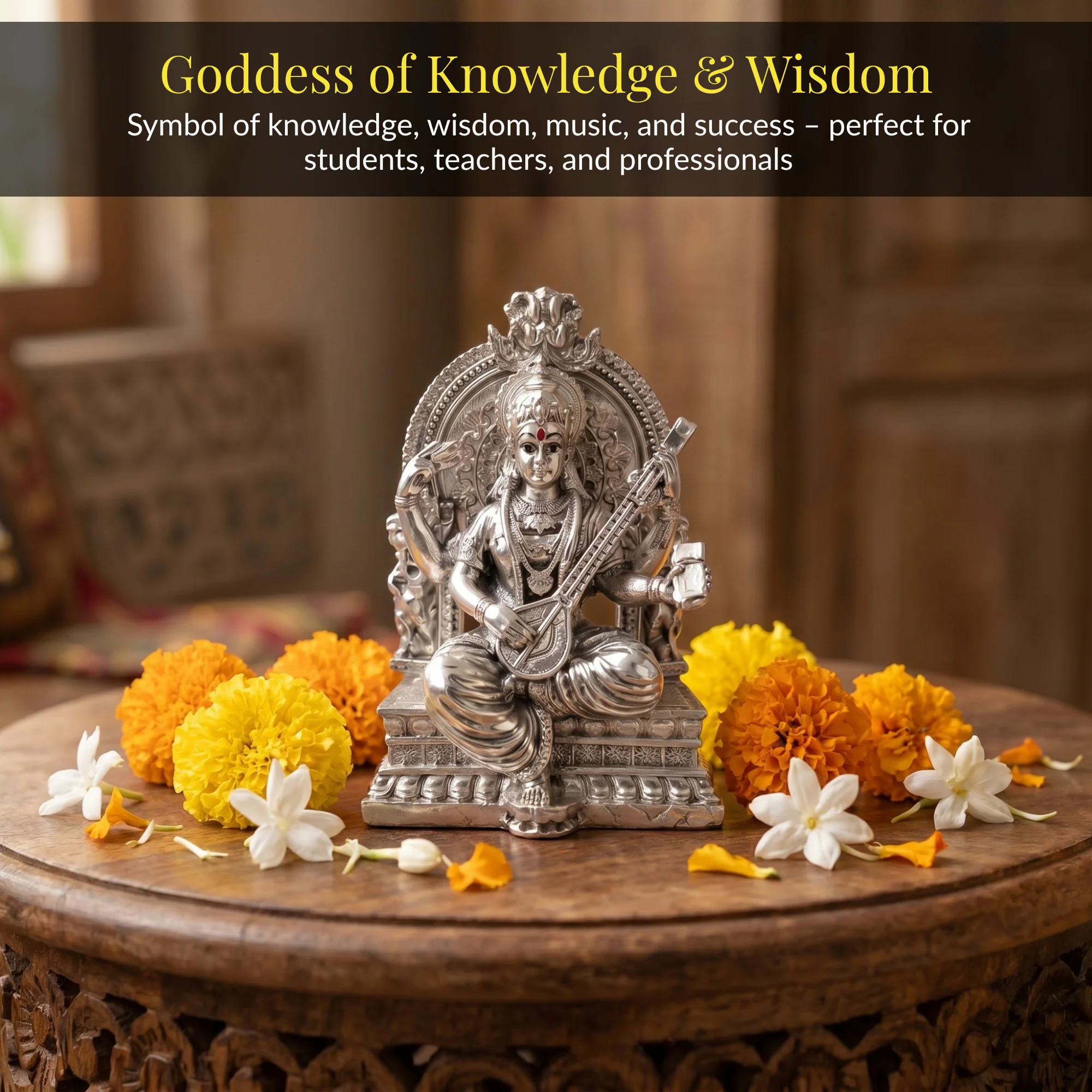 Silver-Plated Saraswati Idol | 3.7 inch - Image 4