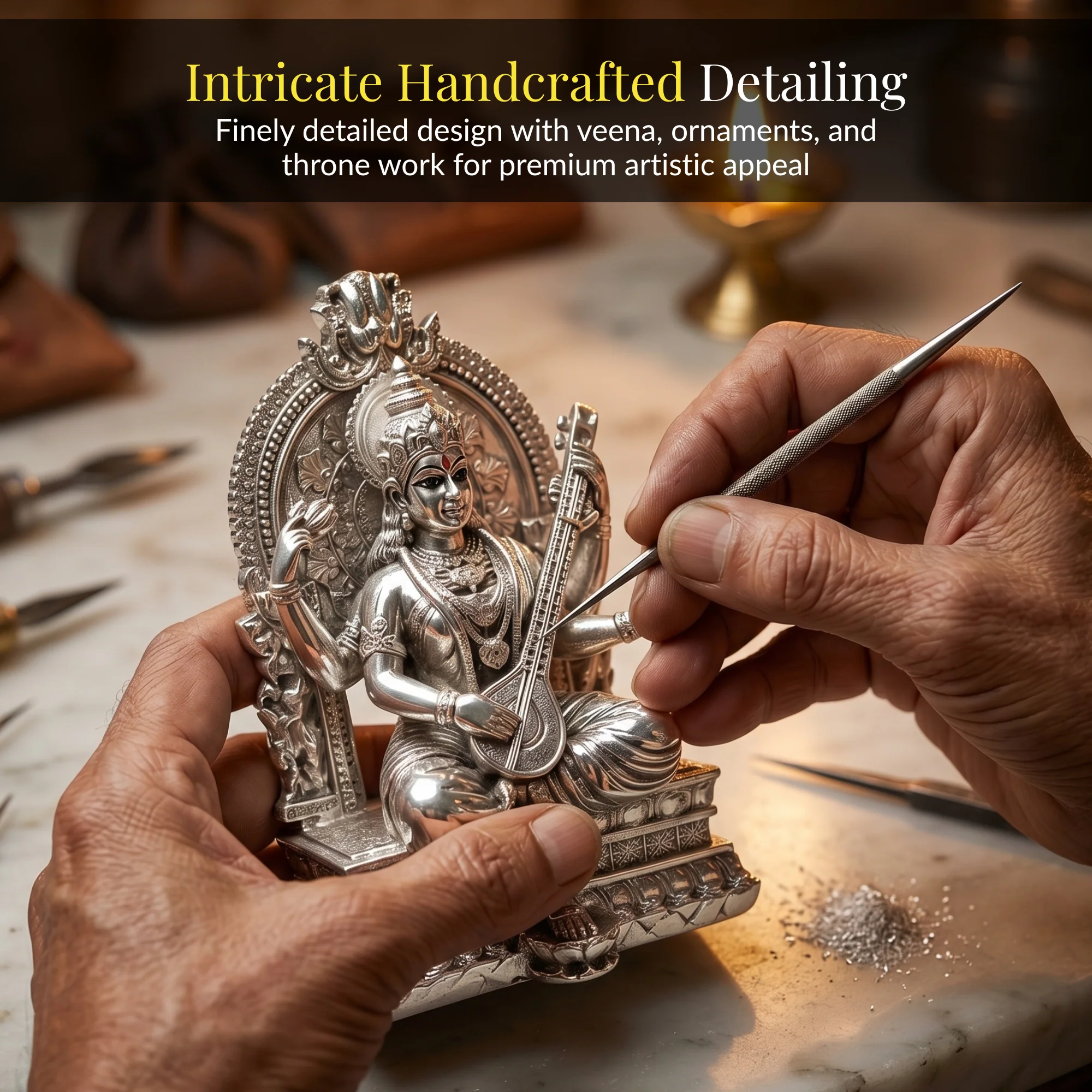 Silver-Plated Saraswati Idol | 3.7 inch - Image 5