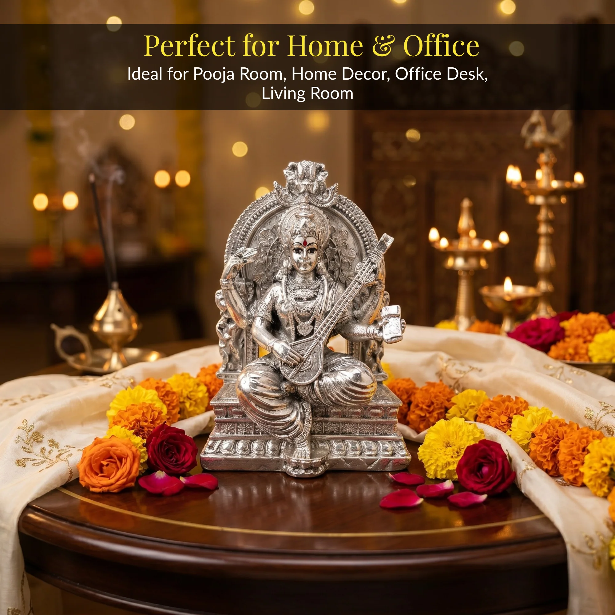 Silver-Plated Saraswati Idol | 3.7 inch - Image 6