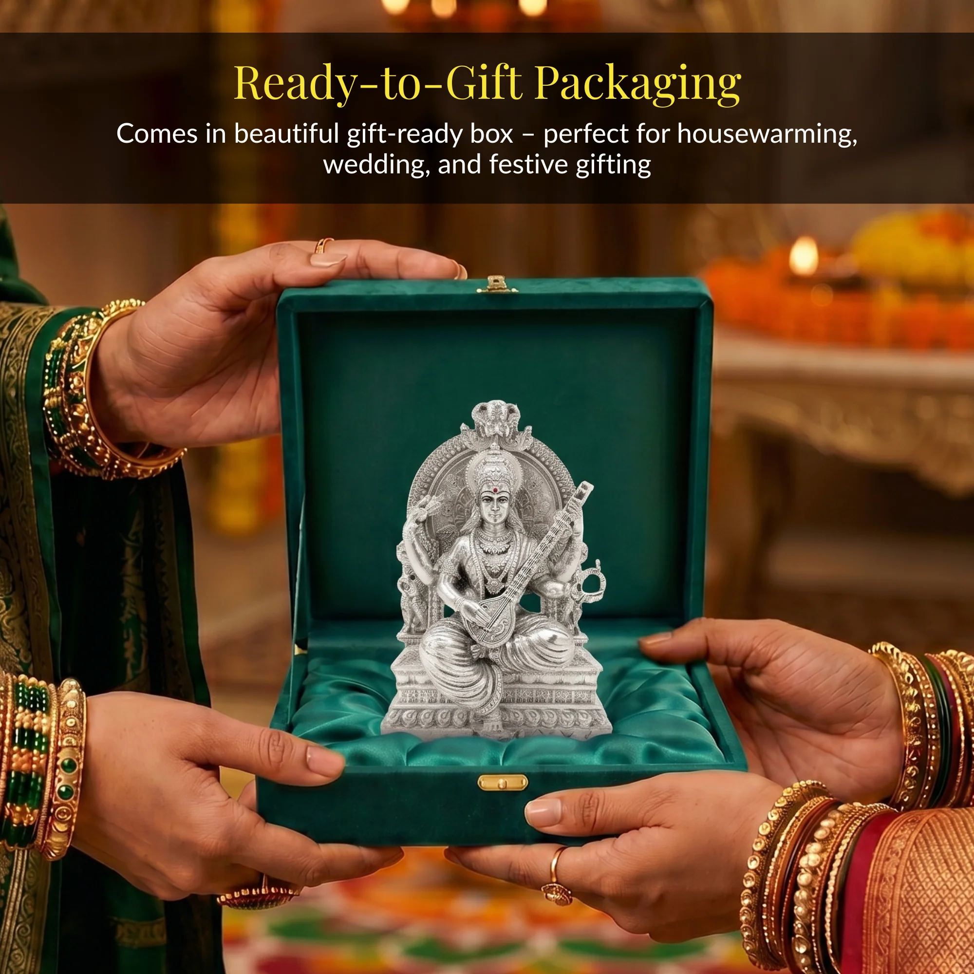 Silver-Plated Saraswati Idol | 3.7 inch - Image 7
