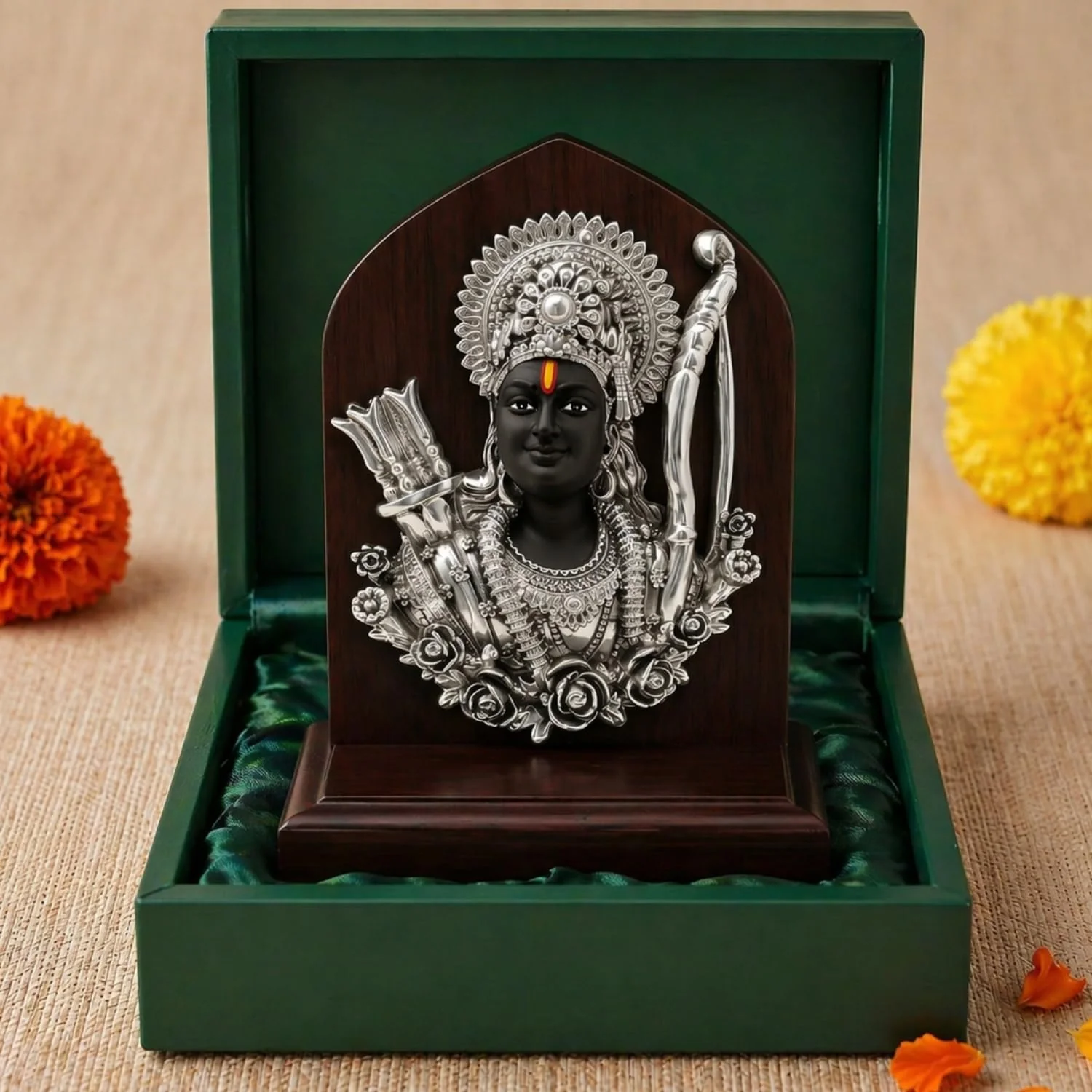 Silver Plated Shri Ram Face Idol with Wooden Base – 6 Inch