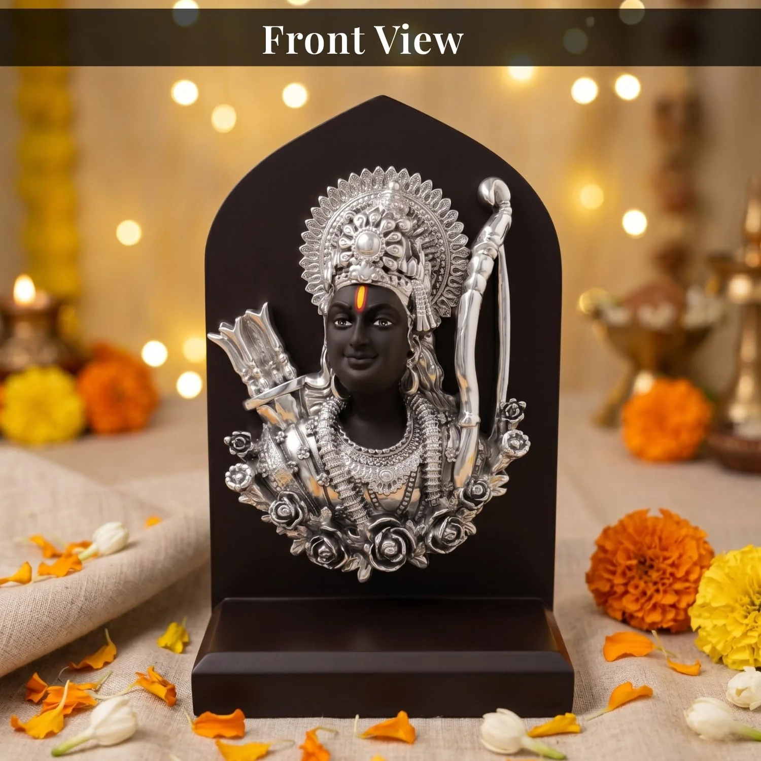 Silver Plated Shri Ram Face Idol with Wooden Base – 6 Inch - Image 3