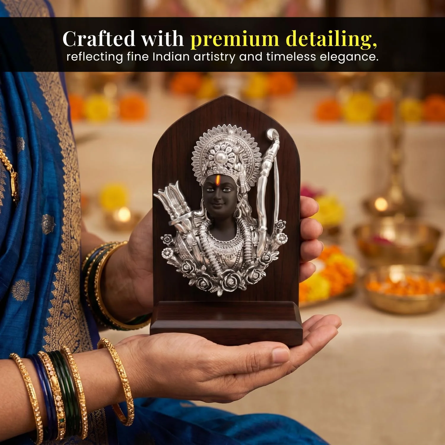 Silver Plated Shri Ram Face Idol with Wooden Base – 6 Inch - Image 5