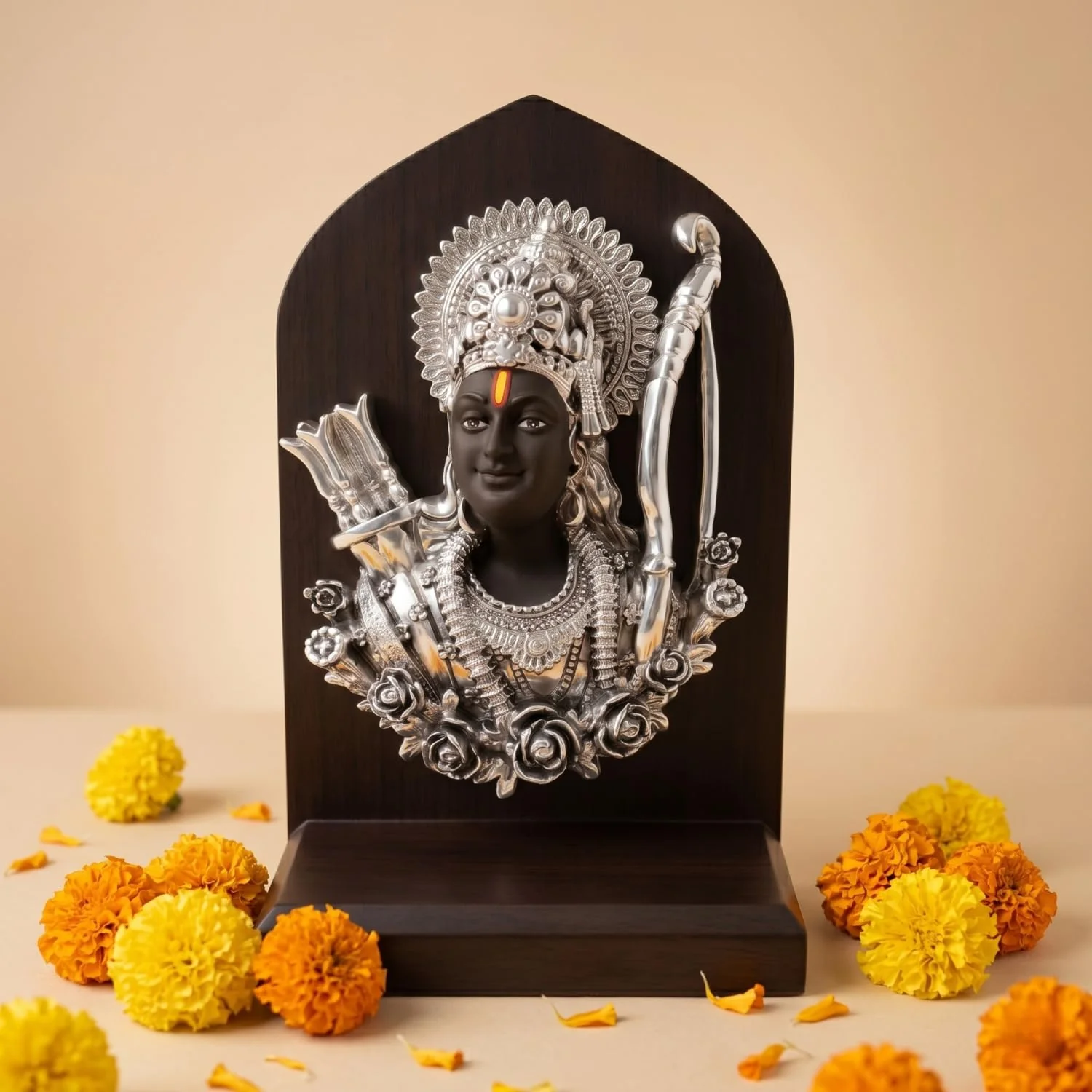 Silver Plated Shri Ram Face Idol with Wooden Base – 6 Inch - Image 6