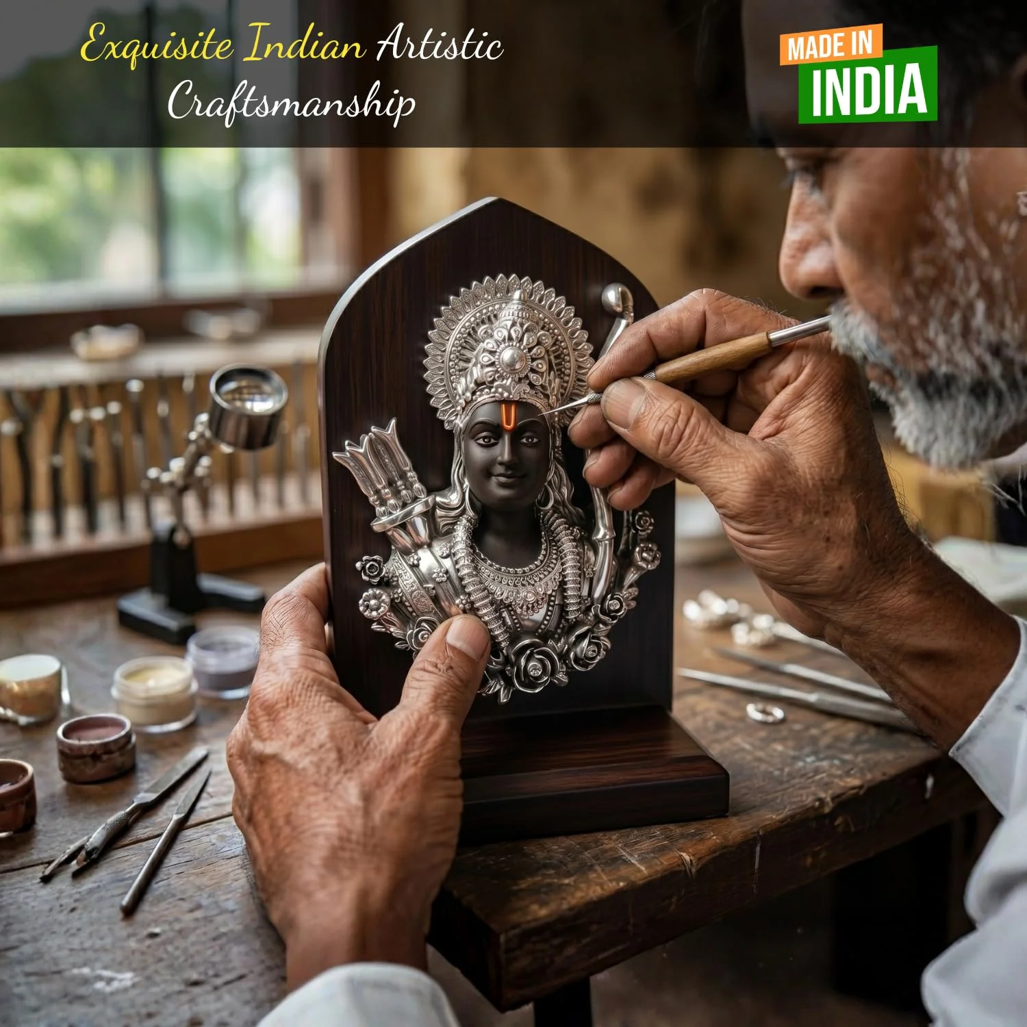 Silver Plated Shri Ram Face Idol with Wooden Base – 6 Inch - Image 7