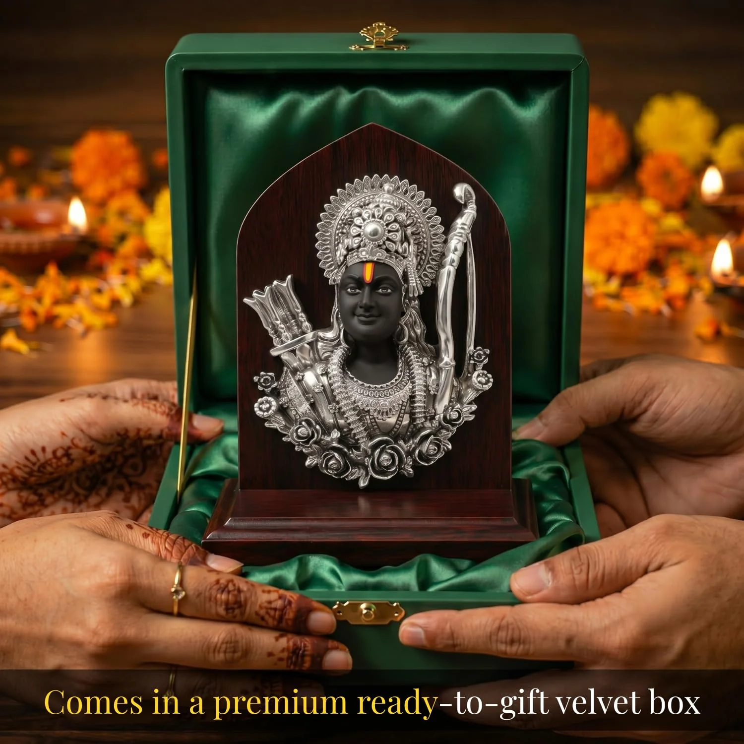 Silver Plated Shri Ram Face Idol with Wooden Base – 6 Inch - Image 9