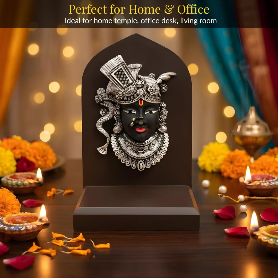 Silver Plated Shrinath Ji Idol with Wooden Base – 6 Inch - Image 3