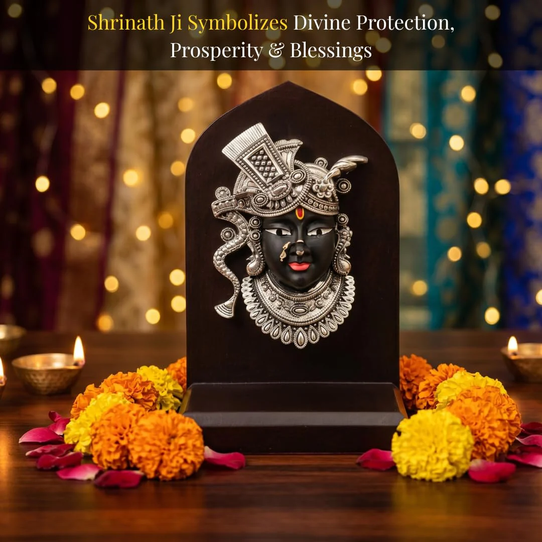 Silver Plated Shrinath Ji Idol with Wooden Base – 6 Inch - Image 4