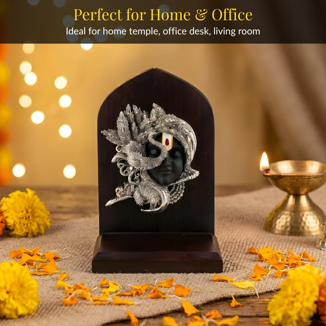 Silver Plated Shringar Krishna Face Idol with Wooden Base – 6 Inch - Image 3