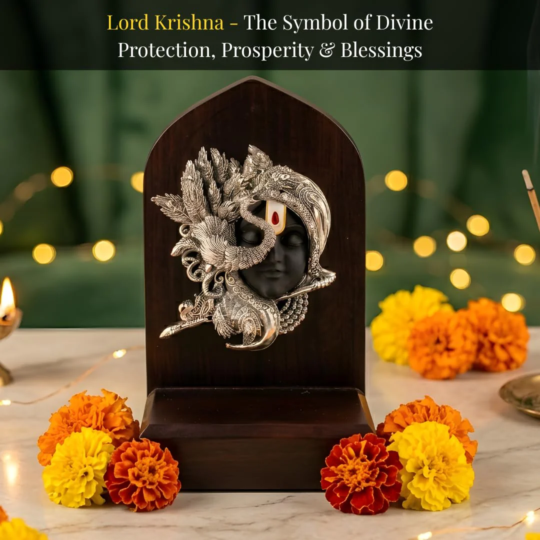 Silver Plated Shringar Krishna Face Idol with Wooden Base – 6 Inch - Image 4