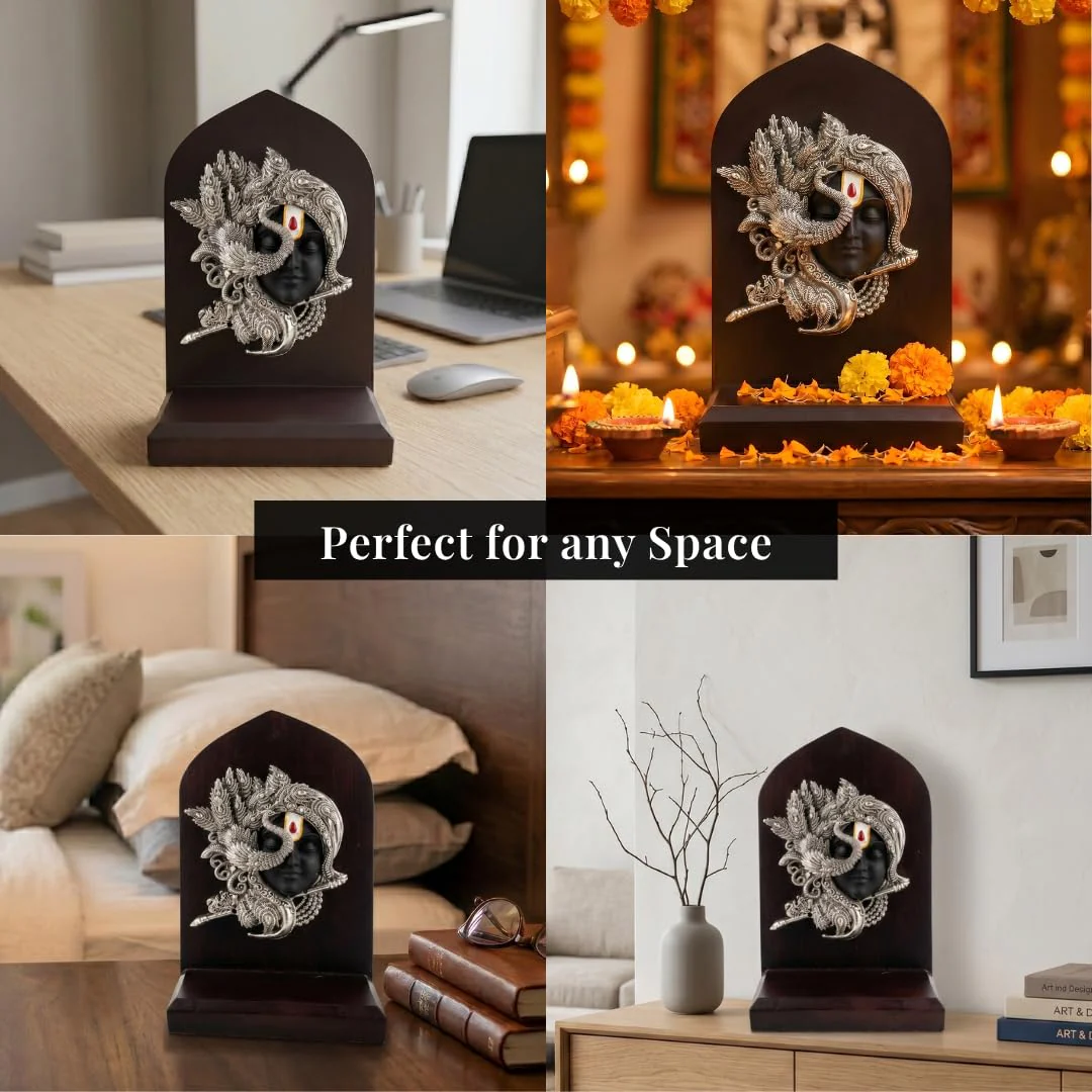 Silver Plated Shringar Krishna Face Idol with Wooden Base – 6 Inch - Image 6