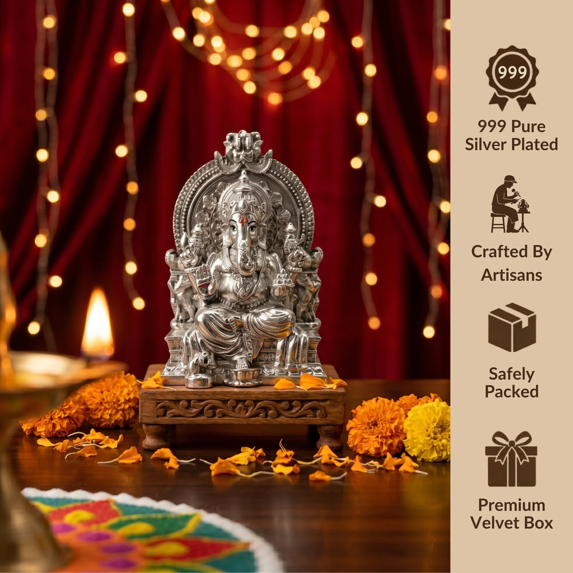 Throne Ganesha Silver-Plated Idol (3.7") - Image 4